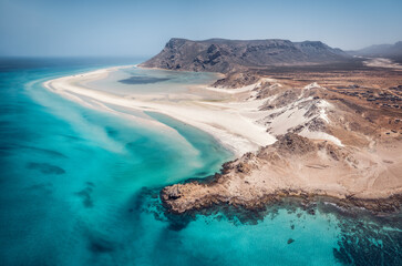 Aerial view of the breathtaking landscape of Detwah lagoon with sand dunes on Qalansiyah Beach on the western cape of the island, one of the most beautiful beaches in the world, Socotra, Yemen.