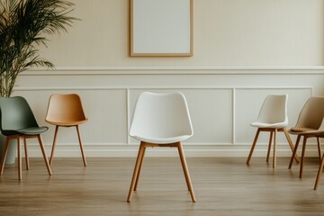In an inviting indoor setting, a single chair sits prominently in the center, symbolizing the importance of mental health awareness. Surrounding chairs create a sense of community and support