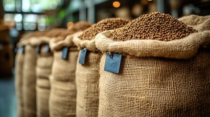 Obraz premium Rows of burlap sacks filled with coffee beans.
