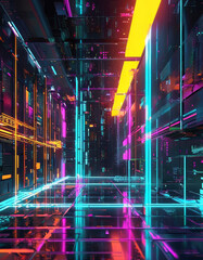 Abstract Futuristic Digital Business Background: Neon Cyberpunk Design, High-Tech Data Networks, Virtual Reality Interfaces, Technological Aesthetics, AI Innovation, Digital Transformation, ESG
