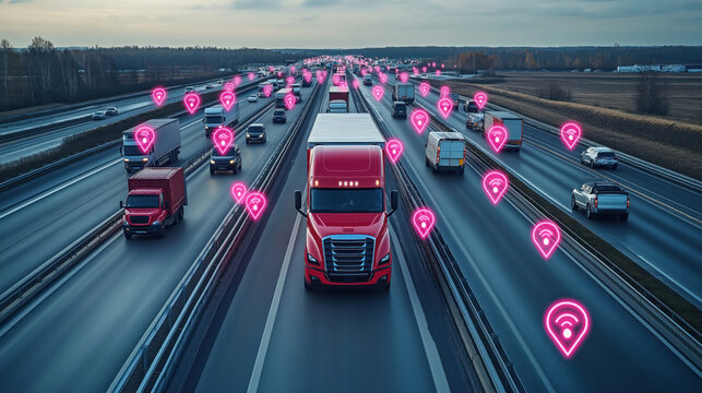 Highway transportation with IoT devices. Vehicles tracked, monitored in real time. Location, status of cargo visualized. Modern asset tracking tech enhances supply chain visibility. Global