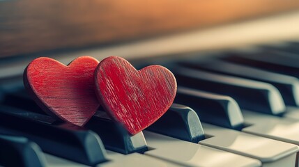 Red wooden hearts on piano keys in warm light