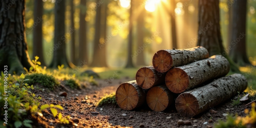 Poster golden hour sunlight illuminates a stack of logs in a tranquil forest setting.