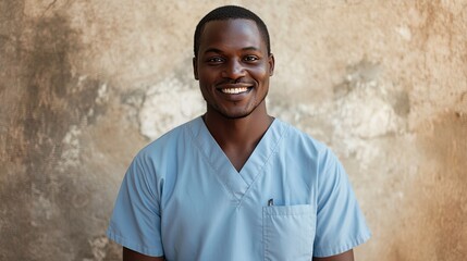 Portrait of a black male nurse, in a blue lab coat, posing smiling and looking at the camera.