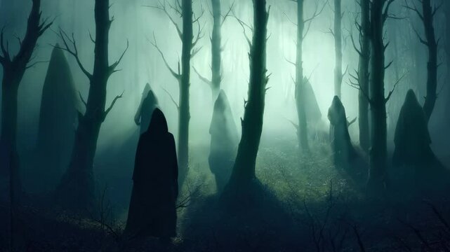 Creepy silhouettes of ghosts and evil spirits in foggy forest at night, horror story atmosphere