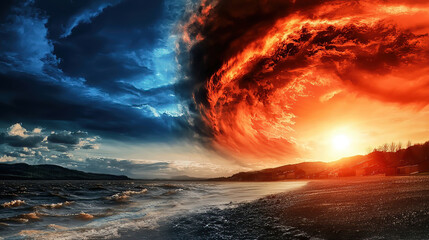 Fototapeta premium Climate change impacts include floods droughts and the need for adaptation. Dramatic Sky Transition from Calm Blue to Fiery Red