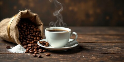 Aromatic Steam Rising From a Cup of Coffee Beside a Burlap Sack of Roasted Beans and Sweetener