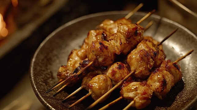 Grilled chicken skewers, seasoned with spices.