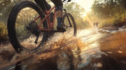 Mountain biker splashing through a stream.