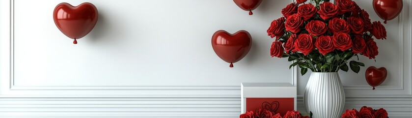 Fototapeta premium Vase with red roses and a collection of red hearts on a white background for romantic decoration valentine day