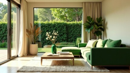 Fototapeta premium Modern living room with green sectional sofa and garden view