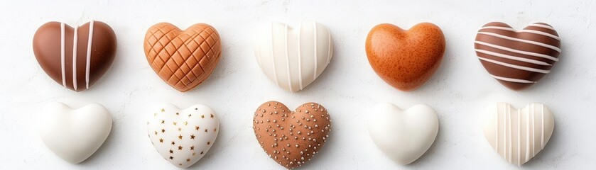 Obraz premium Assorted Heart-Shaped Chocolates in Various Colors and Textures on a White Background