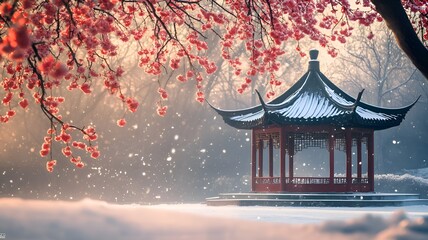 Obraz premium Asia, China. Plum blossom against the backdrop of a Chinese pagoda standing on a river. Surfaces covered with snow.