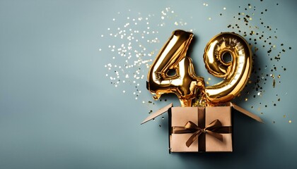 Number 49 birthday balloon celebration gift box lay flat explosion, copy space. Generated image