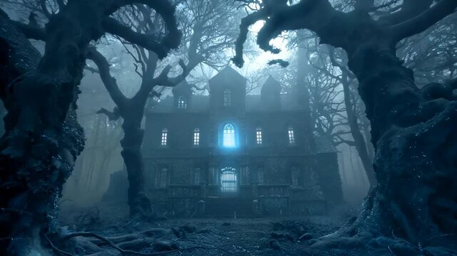 Spooky, fog-covered mansion surrounded by twisted, leafless trees, creating a haunting and eerie atmosphere