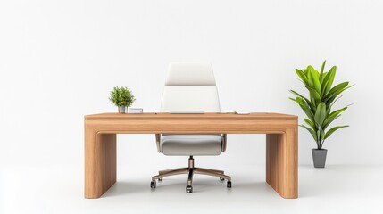 A modern office setup featuring a sleek wooden desk, a comfortable white chair, a small plant, and a larger potted plant against a minimalist white background.