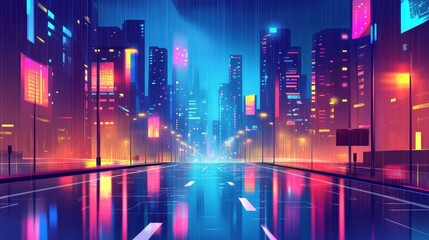 Neon Cityscape Rainslicked Street at Night