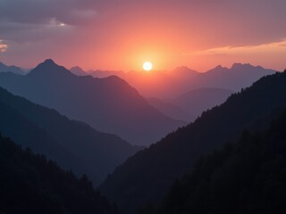 Obraz premium A serene sunset over a mountain range, with the sun dipping below the peaks, casting a warm glow over the landscape.