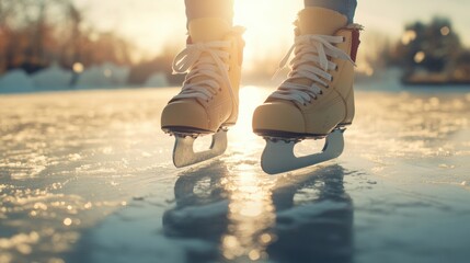 Closeup of skater feet in ice-skating boots shoes with blade on ice surface.