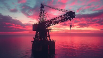 Obraz premium Silhouette of a large crane at sea during a vibrant sunset.