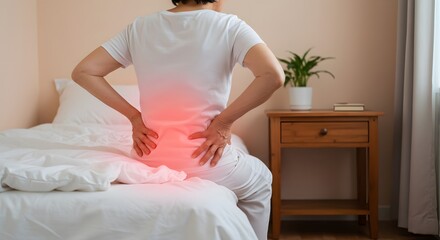 Elderly Woman Experiencing Back Pain, Holding Lower Back in Pain, Sitting on Bed with Pain Glow
