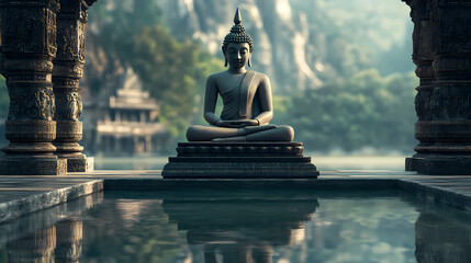 A serene buddha image carved from blackwood, reflecting ancient thai artistic traditions in a temple setting. Blazewood. Illustration