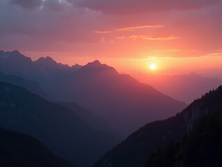 Naklejka premium A serene sunset over a mountain range, with the sun dipping below the peaks, casting a warm glow over the landscape.
