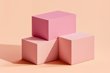 Obraz premium Minimalistic Stack of Pink Cubes on a Pastel Background. Three cubes to still life photoshoot.