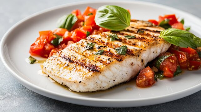 Grilled sea bass fillet served with fresh chopped tomato.