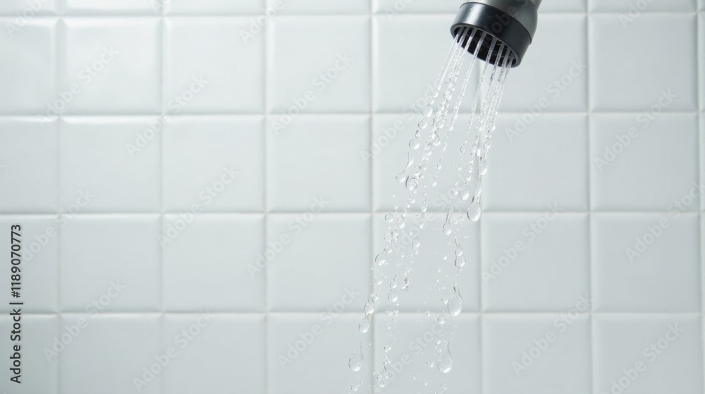 Poster close-up of water droplets falling from a faucet against a white tiled background