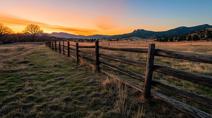 Fototapeta premium Picturesque landscape of a fenced ranch at sunrise