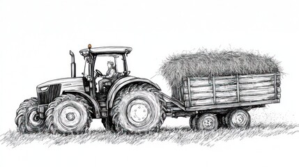 Tractor hauling hay bale in field.