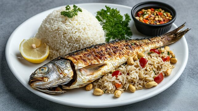 Whole spit-roasted kingfish served with a side of lemon rice chitrannna