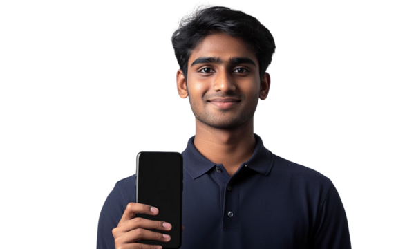 Smiling young Indian man in a navy blue polo shirt holding a black smartphone and looking directly at the camera. The white background highlights a modern and approachable vibe.

