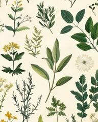 Herbal botanical poster, detailed drawings of herbs, soft green and brown tones, and natural textures