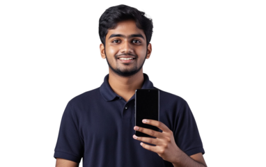 Smiling young Indian man in a navy blue polo shirt holding a black smartphone and looking directly at the camera. The white background highlights a modern and approachable vibe.


