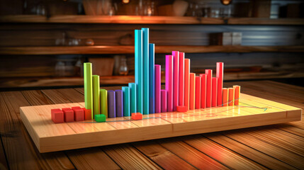 Fototapeta premium Colorful 3D bar graph displayed on a wooden table in a cozy cafe during daytime, showcasing data analysis and trends in a vibrant setting