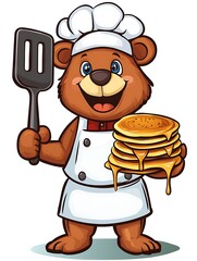 Cartoon-style bear chef holding a stack of pancakes with syrup, wearing an apron and smiling cheerfully.