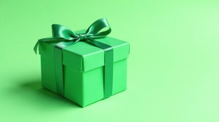Obraz premium A single, square gift box with a green satin ribbon bow, presented on a matching green background.