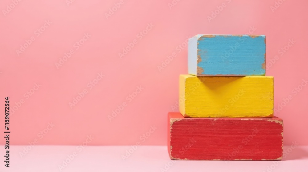 Poster Stack of three colorful wooden blocks on pink background
