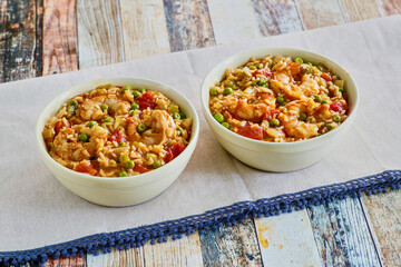 shrimp jambalaya served in white bowls