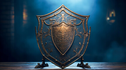 Ornate medieval shield displayed on a wooden pedestal in a dimly lit room with mystical atmosphere