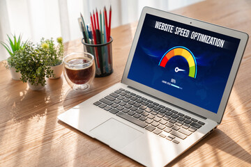 Computer software evaluating website loading speed. Concept of improving website loading speed...