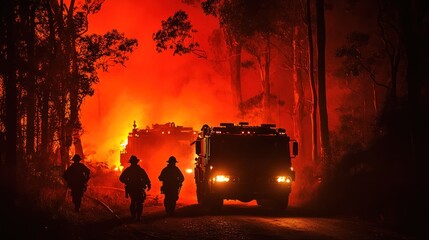 Firefighters Advancing Toward Fire Trucks in Forest Blaze