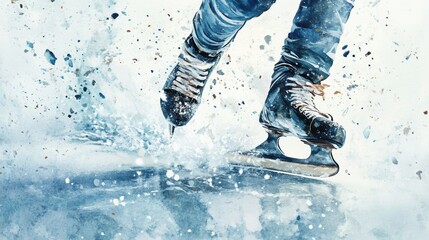 Closeup of skater feet in ice-skating boots shoes with blade on ice surface.