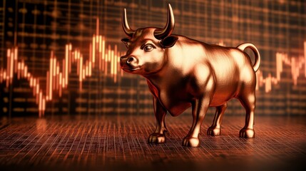 A golden bull statue stands in front of a rising stock market graph, symbolizing bullish trends and financial growth.