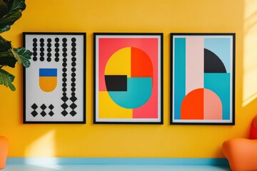 Kids geometric poster, simple colorful shapes, playful patterns, and a fun, educational theme