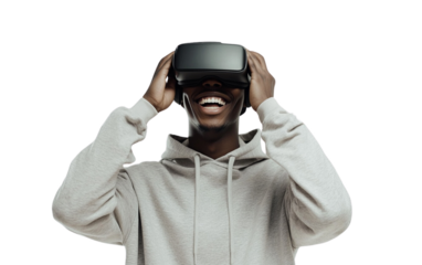 Smiling young man in a gray hoodie adjusting his VR headset with a confident expression. The soft white background enhances the modern and tech-focused vibe.

