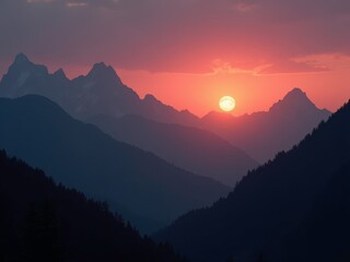Fototapeta premium A serene sunset over a mountain range, with the sun dipping below the peaks, casting a warm glow over the landscape.