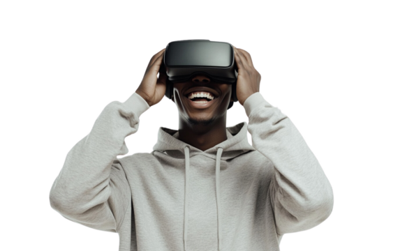 Smiling young man in a gray hoodie adjusting his VR headset with a confident expression. The soft white background enhances the modern and tech-focused vibe.

